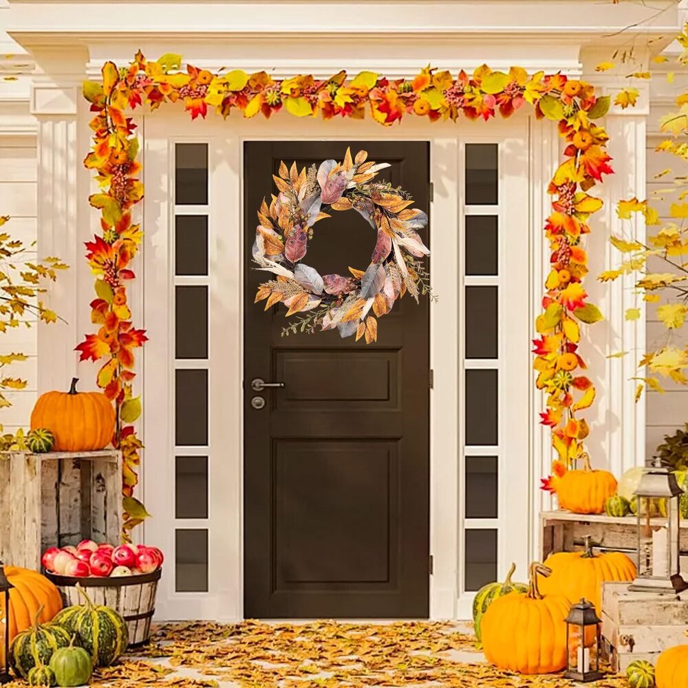1338 20 Inch Fall Wreath Autumn Harvest Front Door Wreath with Leaves - Picture 2 of 8